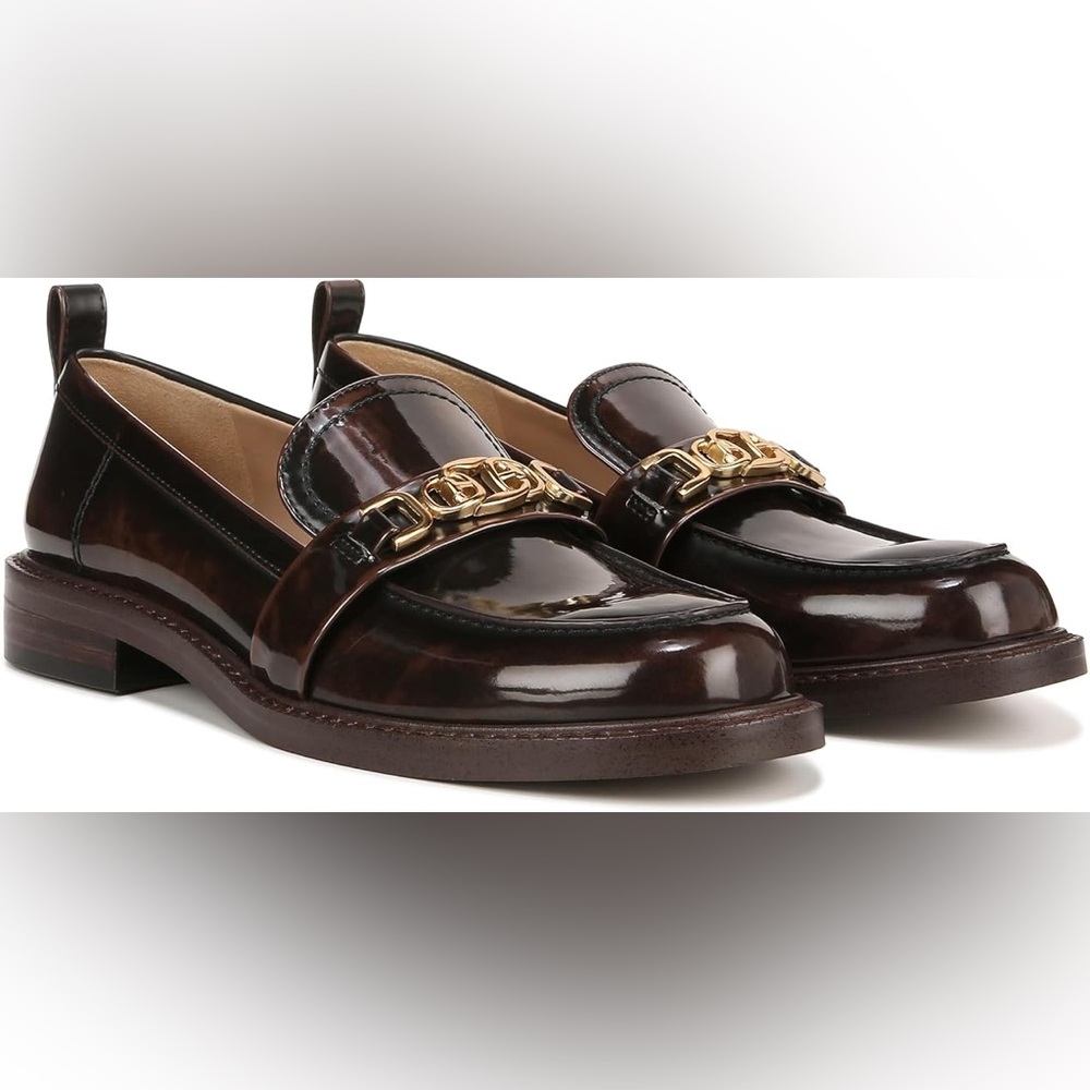 Sam Edelman Brown Patent Leather Loafers with Gold Chain
